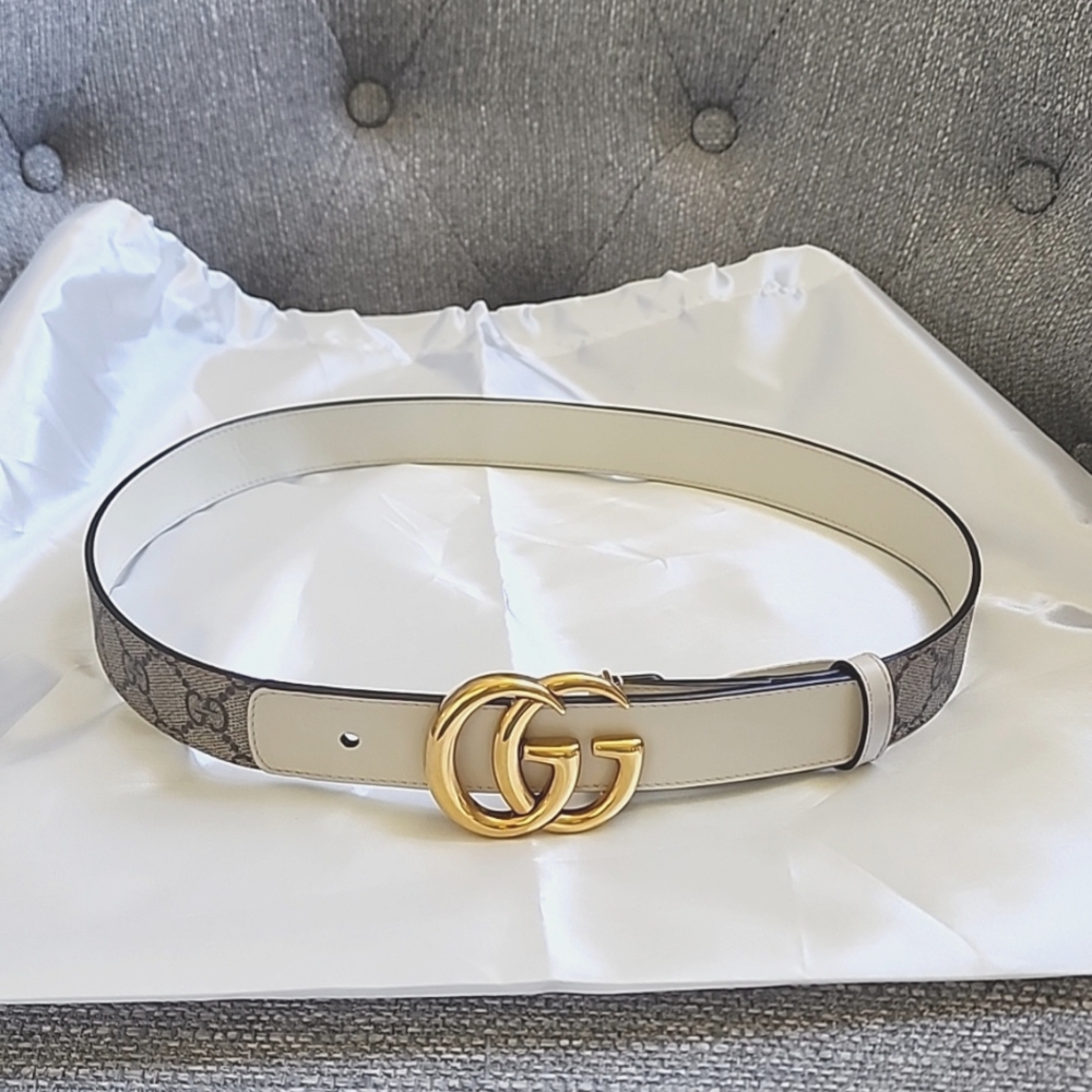 Gucci Beige GG Logo Leather Belt with Gold Double G Buckle